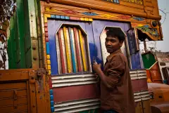 The truck drivers of India, photograph 11 of 43: the highway, the cab and the men who drive it.