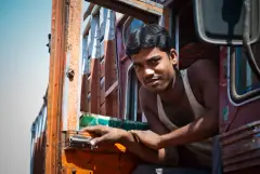 The truck drivers of India, photograph 16 of 43: the highway, the cab and the men who drive it.